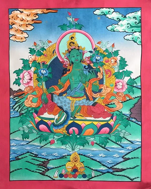 Green Tara On Lotus Thangka (B